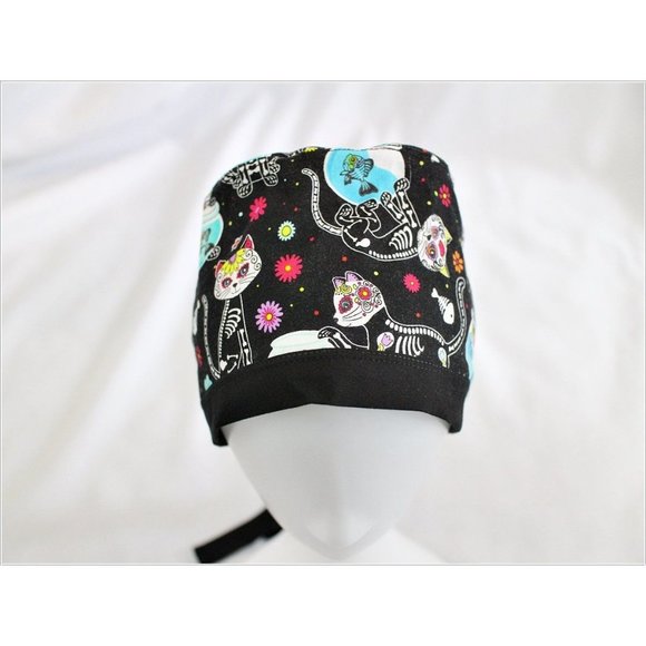 Cats with Fish Sugar Skull Día de Muertos Surgical Scrub Cap Dentist Vet Chemo H - Picture 1 of 5